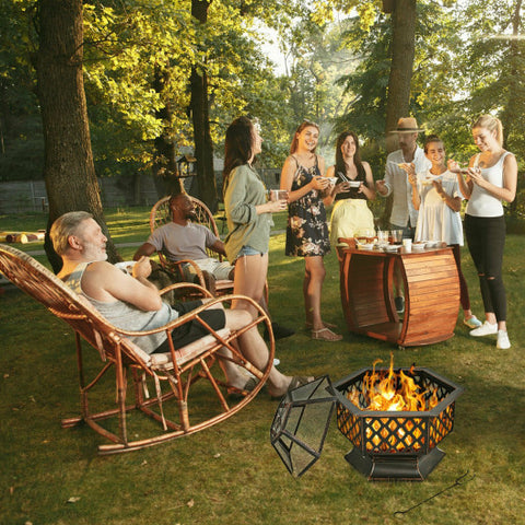 26 Inch Hex-shaped Portable Wood Burning Firepit Bowl with Screen Cover and
