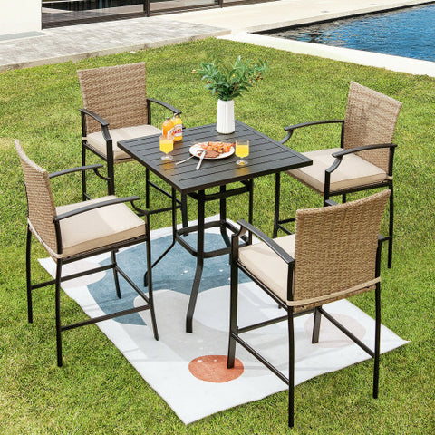 5 Pieces Outdoor Rattan Bistro Bar Stool Table Set with Cushions 5 Pieces