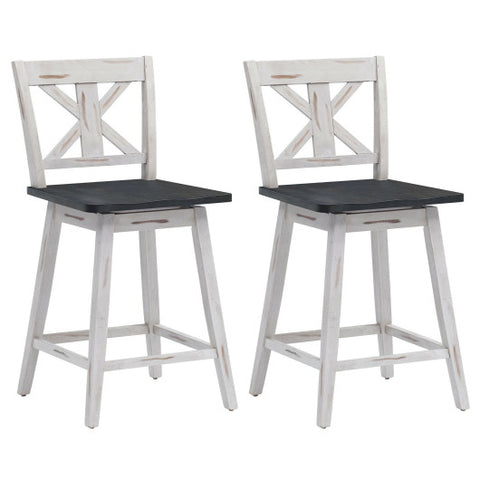 Set of 2 Swivel Counter Height Bar Stools with Solid Wood Legs-White Set of