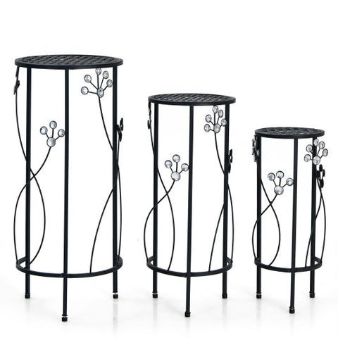 3 Pieces Metal Plant Stand Set with Crystal Floral Accents Round-Black 3