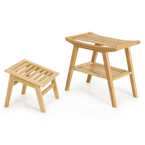 Bamboo Shower Seat Bench with Underneath Storage Shelf-Natural Bamboo