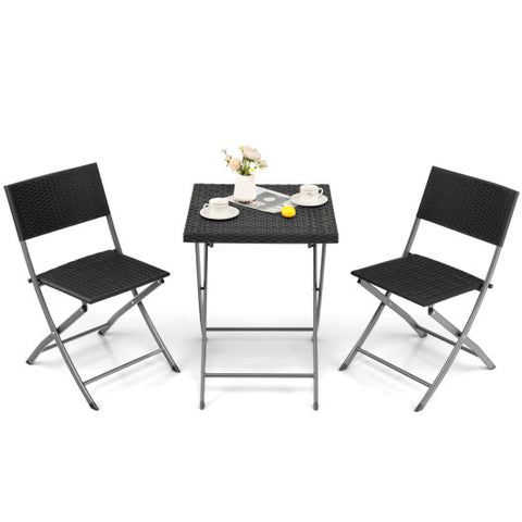 3 Pieces Patio Bistro Set with Folding Wicker Chairs and Table-Black 3