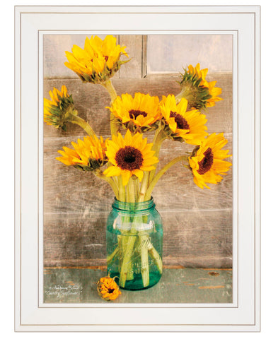 Country Sunflowers in a Mason Jar White Framed Print Wall Art