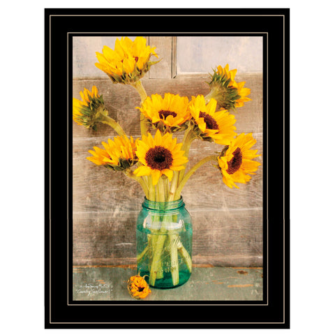 Country Sunflowers in a Mason Jar Black Framed Print Wall Art