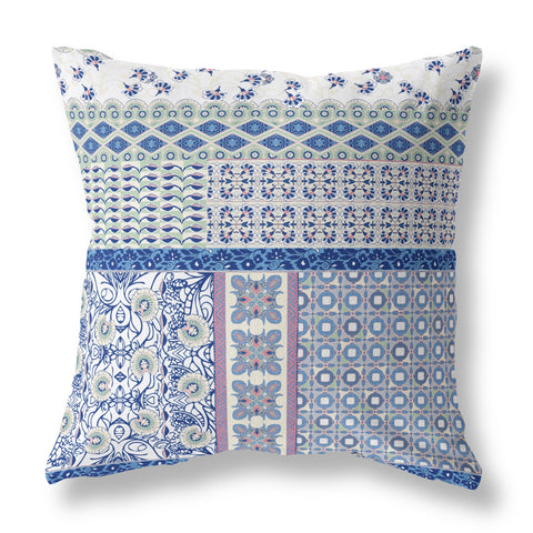 18��� Blue Lavender White Patch Indoor Outdoor Zippered Throw Pillow
