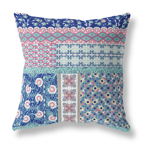 20��� Blue Pink Patch Indoor Outdoor Zippered Throw Pillow