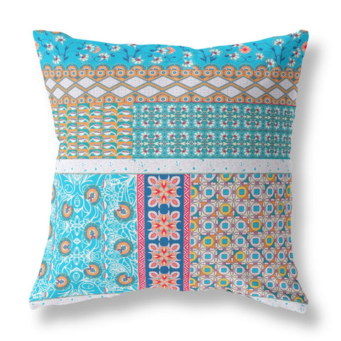 18��� Turquoise White Patch Indoor Outdoor Zippered Throw Pillow