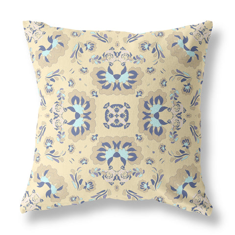 16" Beige Blue Floral Indoor Outdoor Zip Throw Pillow