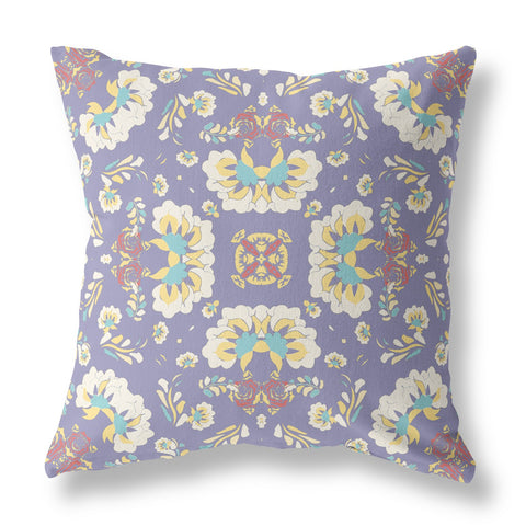 26" Purple White Floral Indoor Outdoor Zip Throw Pillow
