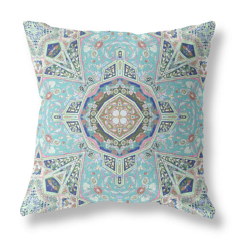 18" Aqua Blue Floral Geometric Suede Throw Pillow