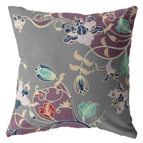 28" Purple Gray Garden Indoor Outdoor Throw Pillow