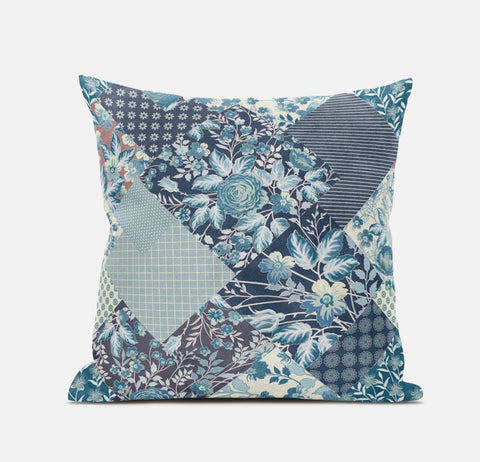 20" Blue White Floral Zippered Suede Throw Pillow