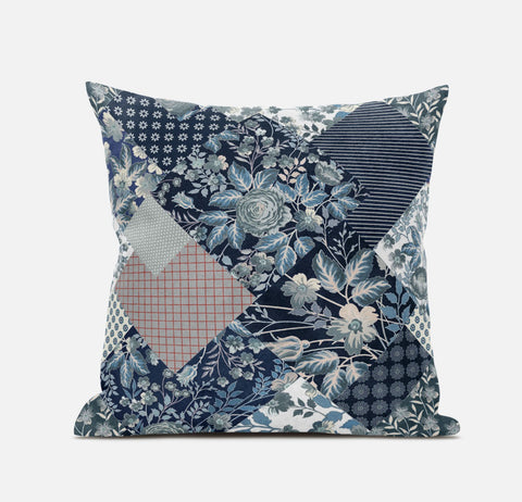16" Deep Blue Gray Floral Zippered Suede Throw Pillow