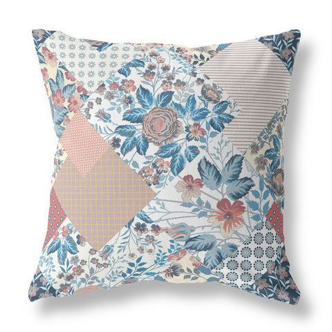 16" White Blue Floral Indoor Outdoor Throw Pillow