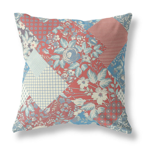 18" Red Blue Boho Floral Indoor Outdoor Throw Pillow