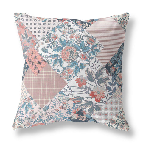 26" Pink Blue Boho Floral Indoor Outdoor Throw Pillow