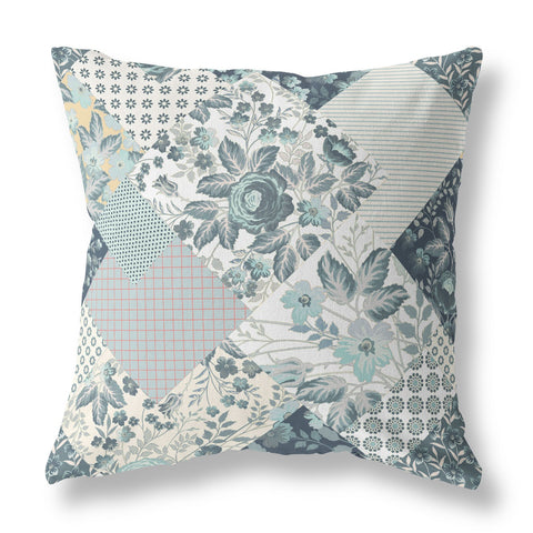 26" Teal White Boho Floral Indoor Outdoor Throw Pillow