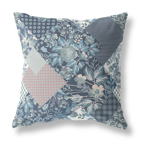 20" Blue White Boho Floral Indoor Outdoor Throw Pillow