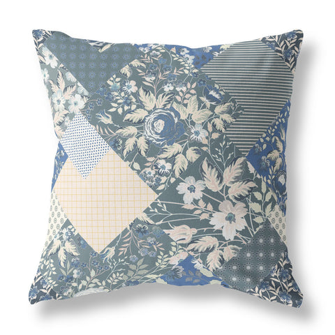 20" Gray Blue Boho Floral Indoor Outdoor Throw Pillow