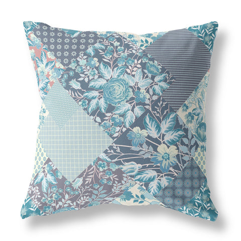 18" Aqua Navy Boho Floral Indoor Outdoor Throw Pillow