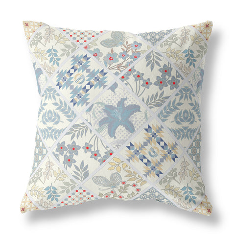 20��� White Blue Patch Indoor Outdoor Throw Pillow