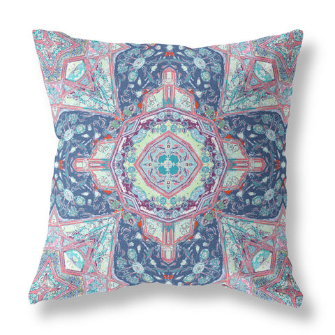 18" X 18" Blue And Pink Zippered Geometric Indoor Outdoor Throw Pillow Cover & Insert