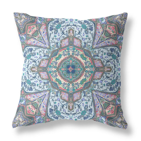16" X 16" Blue And Pink Zippered Geometric Indoor Outdoor Throw Pillow Cover & Insert
