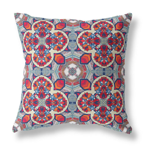 16"X16" Blue And Red Microsuede Quatrefoil Zippered Pillow