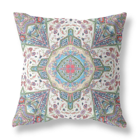 16" X 16" Pink And Green Blown Seam Geometric Indoor Outdoor Throw Pillow Cover & Insert