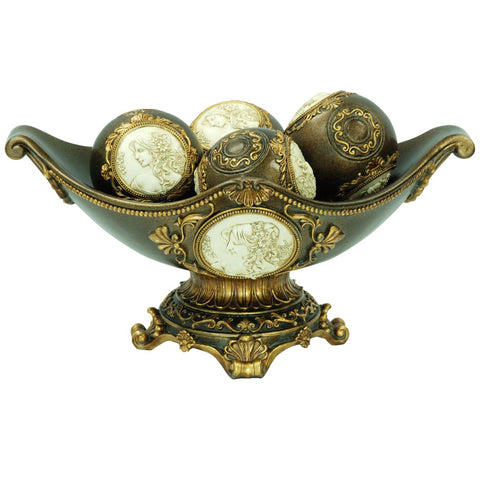 8" Bronze Polyresin Classical Greek Decorative Bowl With Orbs