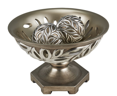 13" Brushed Silver Leaf Polyresin Decorative Pedestal Bowl with Orbs