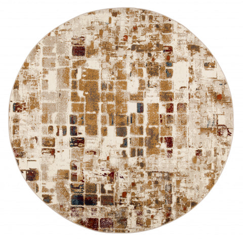 8' Natural Round Abstract Dhurrie Area Rug