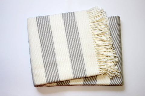 Cream and Gray Slanted Stripe Fringed Throw Blanket