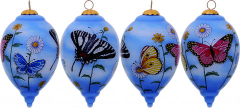 Vivid Garden Butterflies Hand Painted Mouth Blown Glass Ornament Vivid