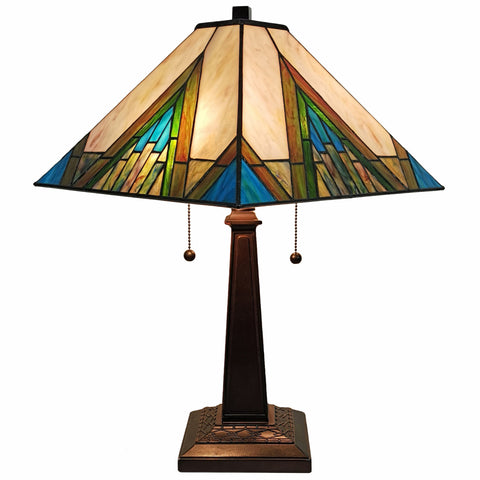 23" Stained Glass Handcrafted Pyramid Style Two Light Mission Style Table Lamp