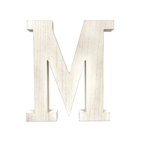 16" Distressed White Wash Wooden Initial Letter M Sculpture 16" Distressed