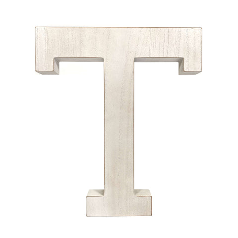 16" Distressed White Wash Wooden Initial Letter T Sculpture