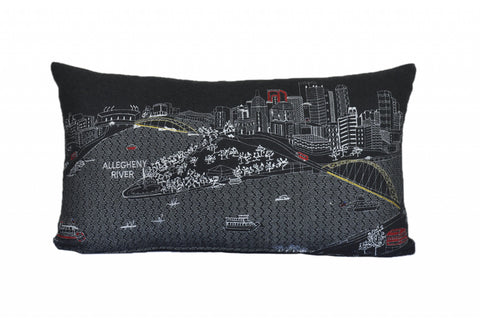 24" Black Pittsburgh Nighttime Skyline Lumbar Decorative Pillow