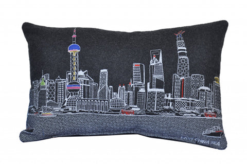 24" Black Shanghai  Nighttime Skyline Lumbar Decorative Pillow