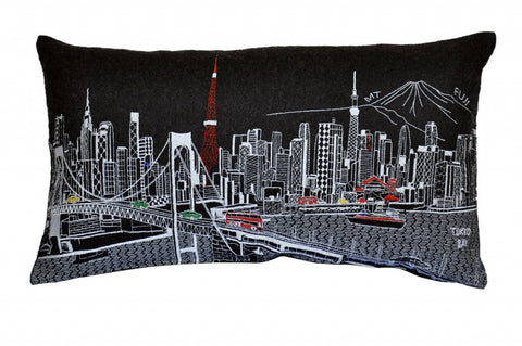 24" Black Tokyo Nighttime Skyline Lumbar Decorative Pillow