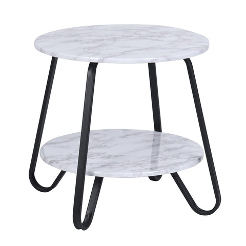 18" Black And Marble White Manufactured Wood And Steel Round End Table
