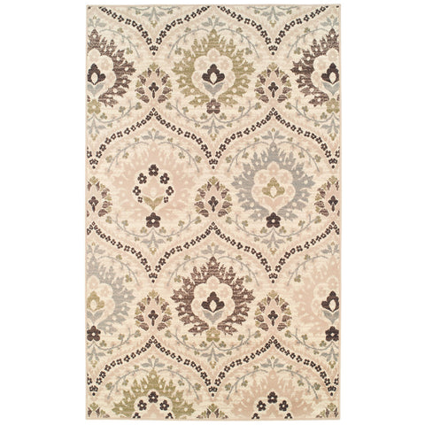 3' X 5' Ivory Gray And Olive Floral Stain Resistant Area Rug