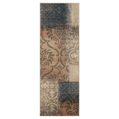 10' Navy And Salmon Damask Distressed Stain Resistant Runner Rug