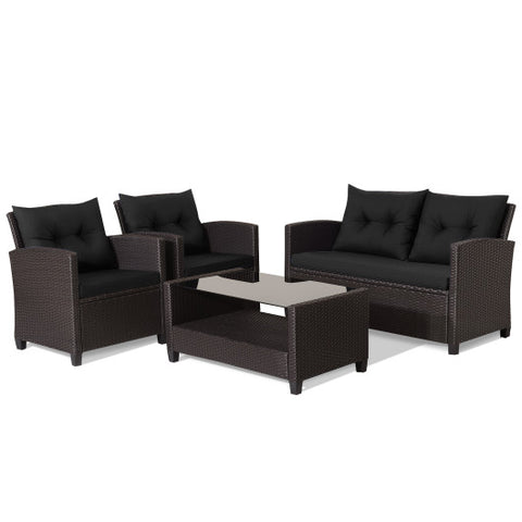 4 Pieces Patio Rattan Furniture Set with Tempered Glass Coffee Table-Black