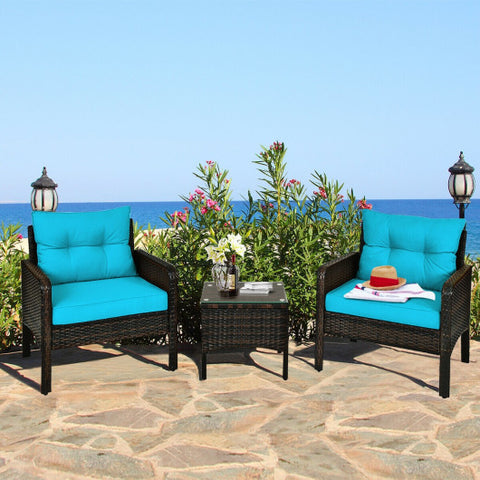3 Pcs Outdoor Patio Rattan Conversation Set with Seat Cushions-Turquoise 3