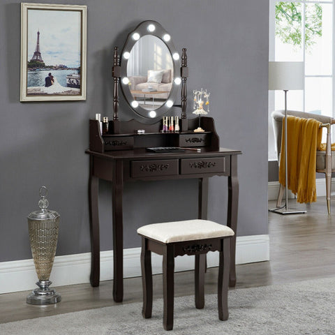Makeup Vanity Dressing Table Set with Dimmable Bulbs Cushioned Stool-Coffee