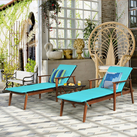 3 Pieces Portable Patio Cushioned Rattan Lounge Chair Set with Folding