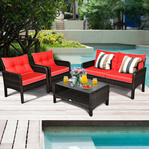 4 Pieces Outdoor Rattan Wicker Loveseat Furniture Set with Cushions-Red 4