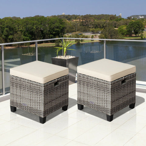 2 Pieces Patio Rattan Ottoman Seat with Removable Cushions-Beige 2 Pieces