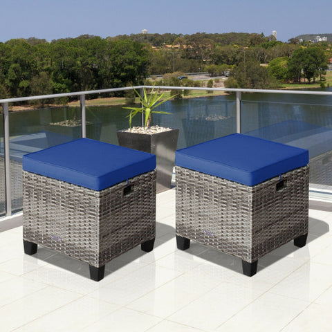 2 Pieces Patio Rattan Ottoman Seat with Removable Cushions-Navy 2 Pieces